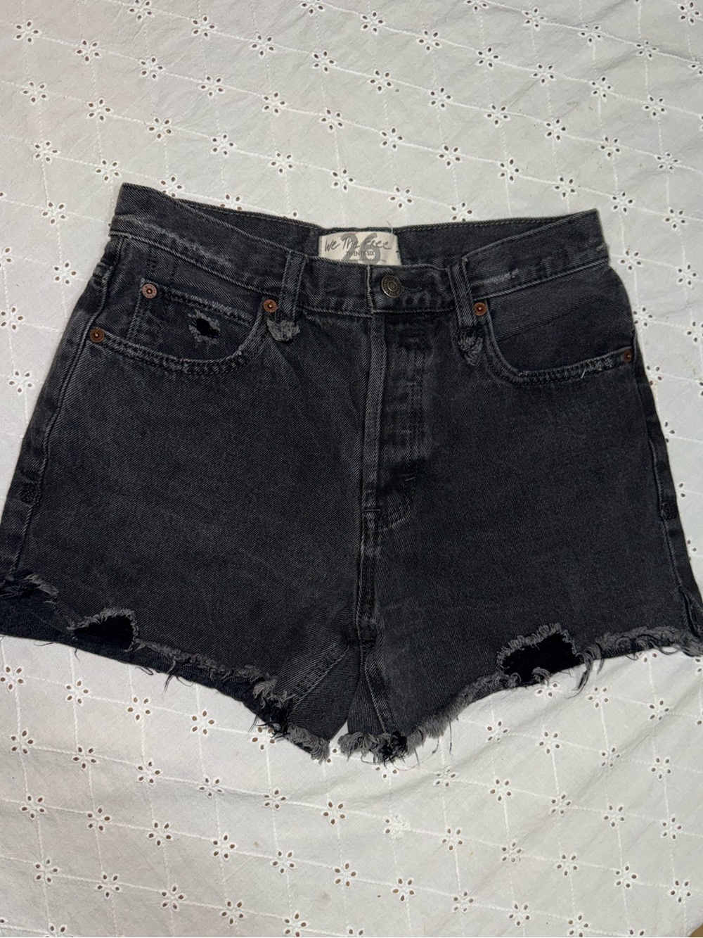 Free People Black Distressed Festival High-Waist Jean Shorts Size 26